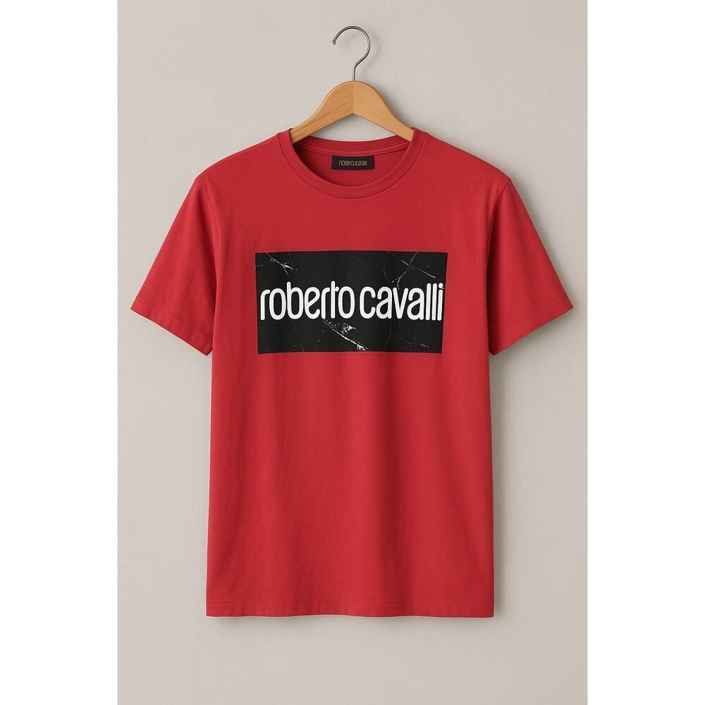 Roberto Cavalli Men’s Red Graphic Box Logo Short Sleeve Shirt T-Shirt